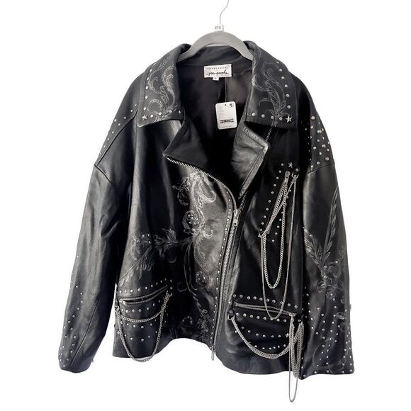 Free People Nigel Preston Chain Embellished Biker Jacket Leather - Picture 4 of 14